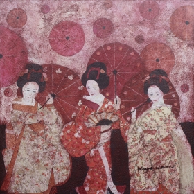 Geishas with Umbrellas (Kyoto, Japan), 16 x 16, mixed media
