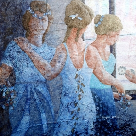 Three Women at the Window, 16 x 16, mixed media